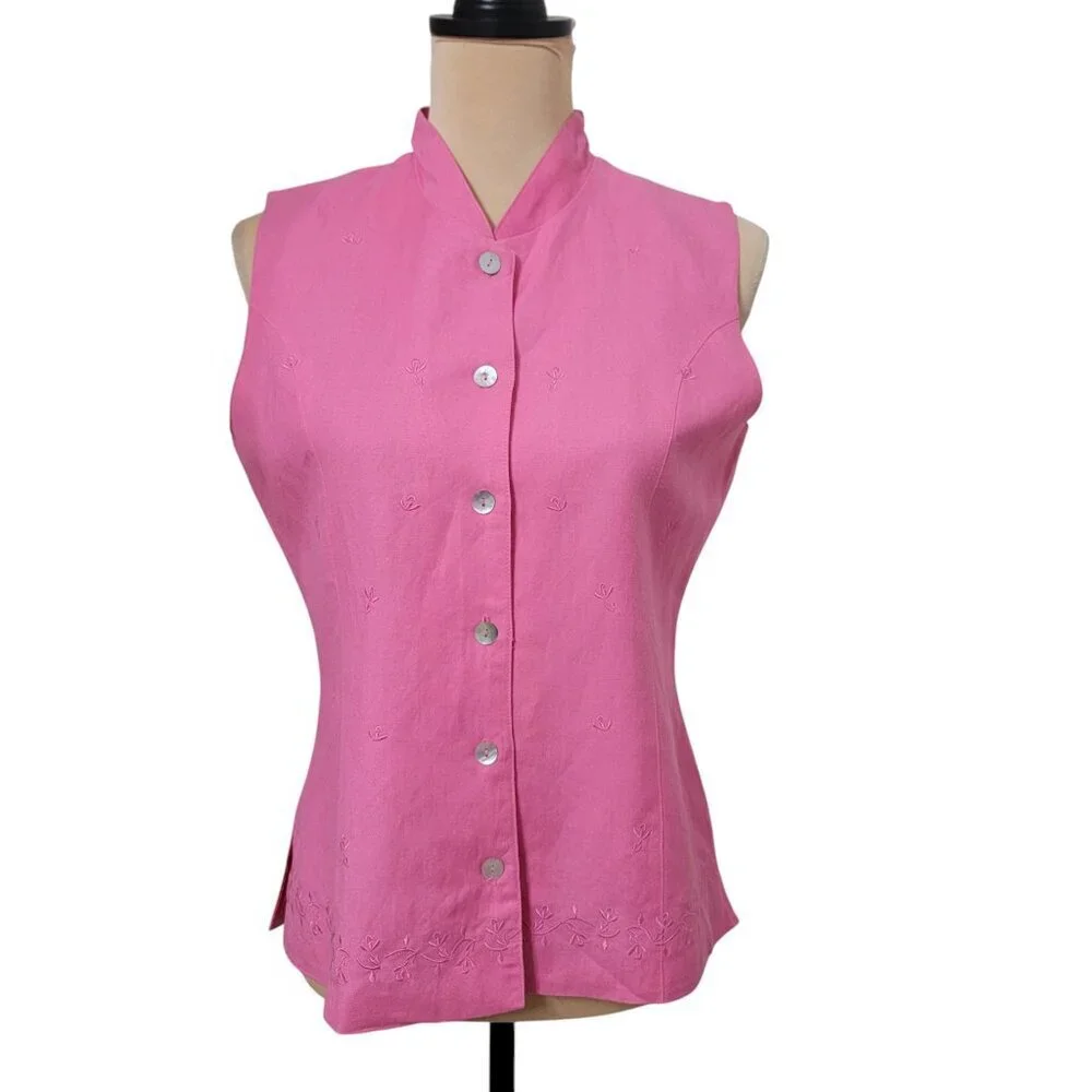 Jennifer Eden Size 10 Bubblegum Pink Sleeveless Embroidered Button Front Blouse